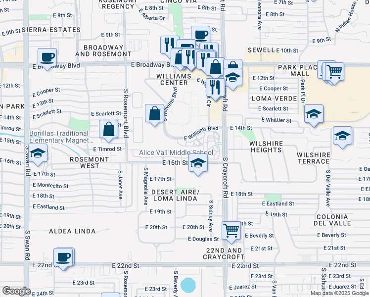 map of restaurants, bars, coffee shops, grocery stores, and more near 5341 East Timrod Street in Tucson