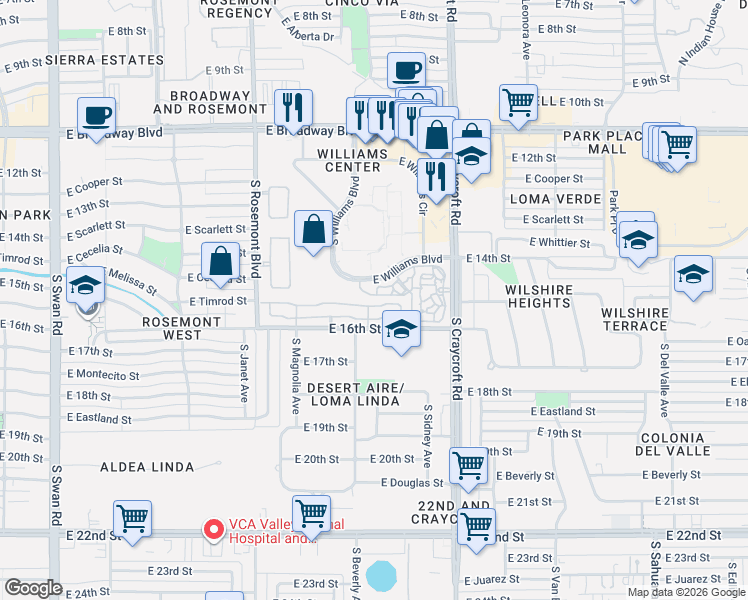 map of restaurants, bars, coffee shops, grocery stores, and more near 5341 East Timrod Street in Tucson