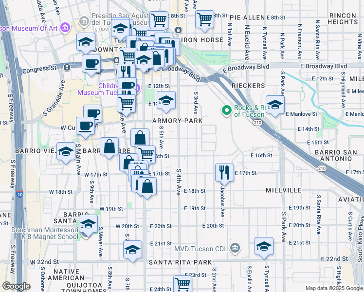 map of restaurants, bars, coffee shops, grocery stores, and more near 516 South 4th Avenue in Tucson