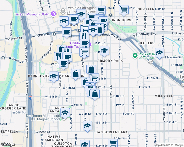map of restaurants, bars, coffee shops, grocery stores, and more near 514 South 6th Avenue in Tucson