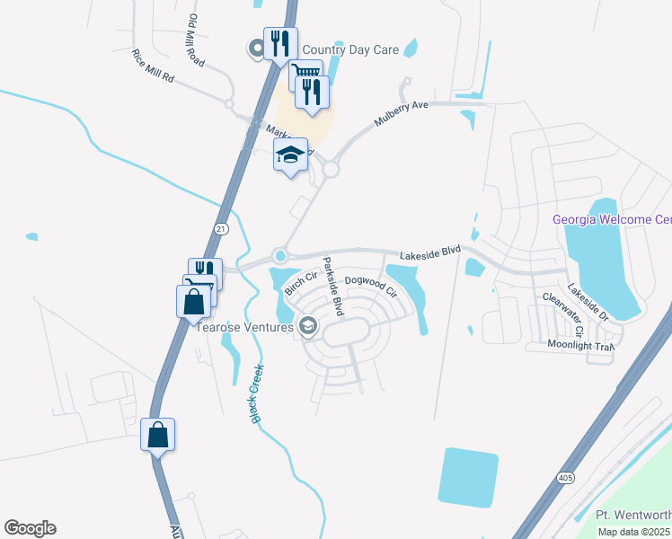 map of restaurants, bars, coffee shops, grocery stores, and more near 3 Parkside Boulevard in Port Wentworth