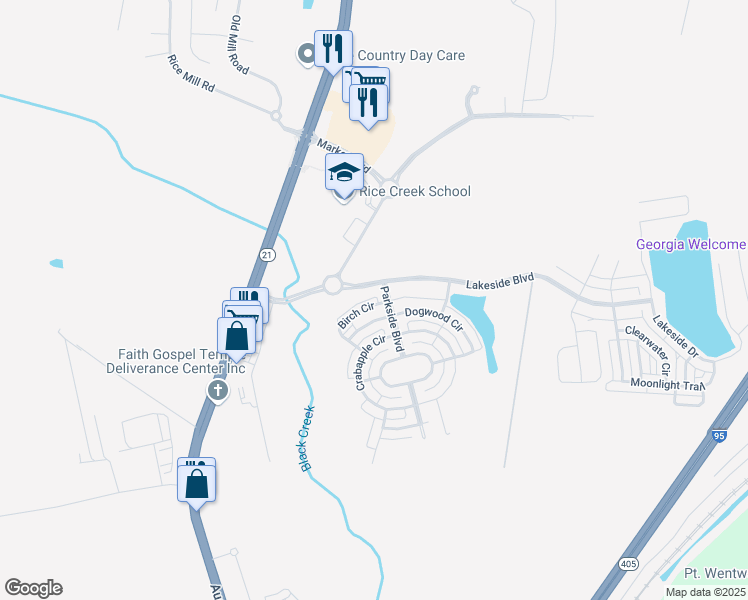 map of restaurants, bars, coffee shops, grocery stores, and more near 104 Birch Circle in Savannah