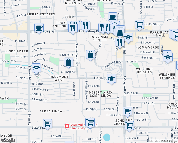 map of restaurants, bars, coffee shops, grocery stores, and more near 5203 E Timrod St in Tucson