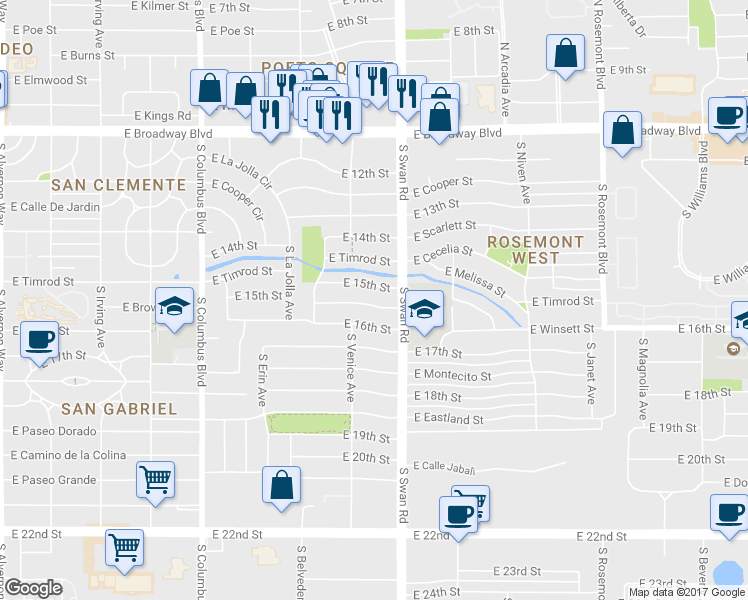 map of restaurants, bars, coffee shops, grocery stores, and more near 4625 East Malvern Street in Tucson
