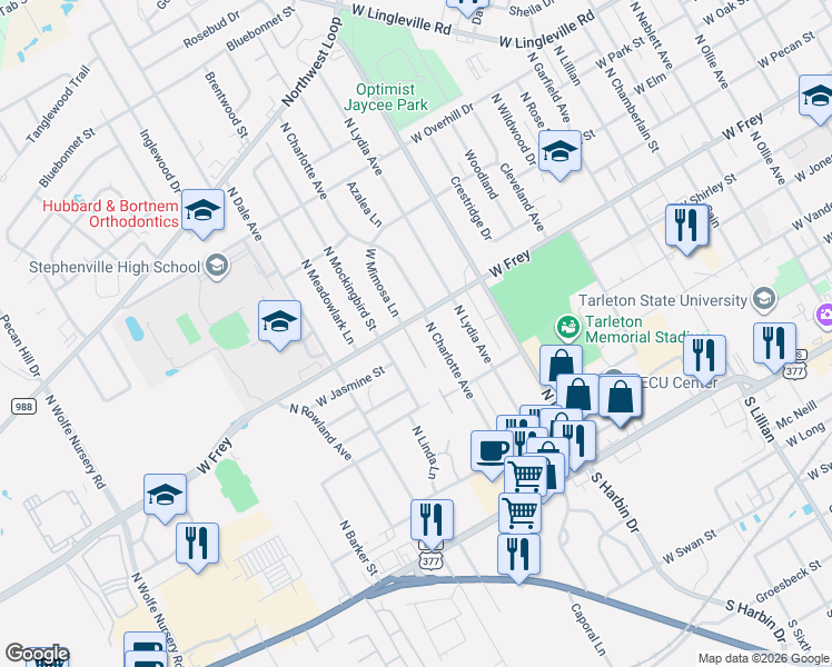 map of restaurants, bars, coffee shops, grocery stores, and more near 894 North Charlotte Avenue in Stephenville