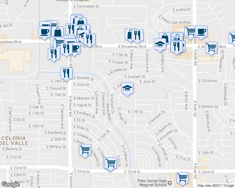 map of restaurants, bars, coffee shops, grocery stores, and more near 6611 East Lehigh Drive in Tucson