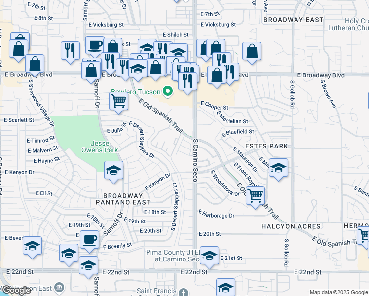 map of restaurants, bars, coffee shops, grocery stores, and more near 450 South Camino Seco in Tucson