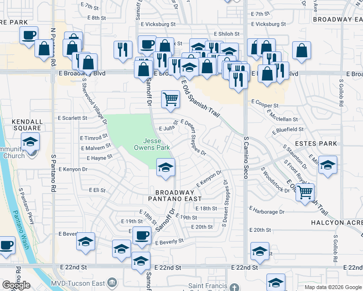 map of restaurants, bars, coffee shops, grocery stores, and more near 8430 East Timrod Street in Tucson