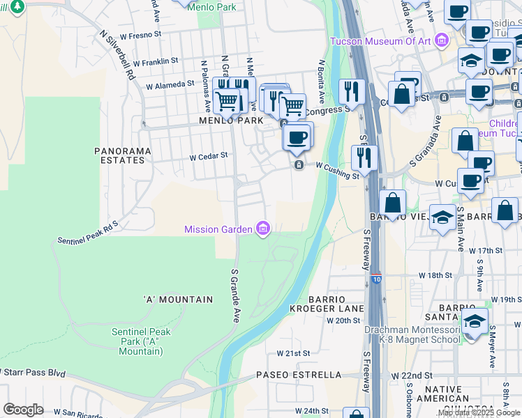 map of restaurants, bars, coffee shops, grocery stores, and more near 402 South Melwood Avenue in Tucson