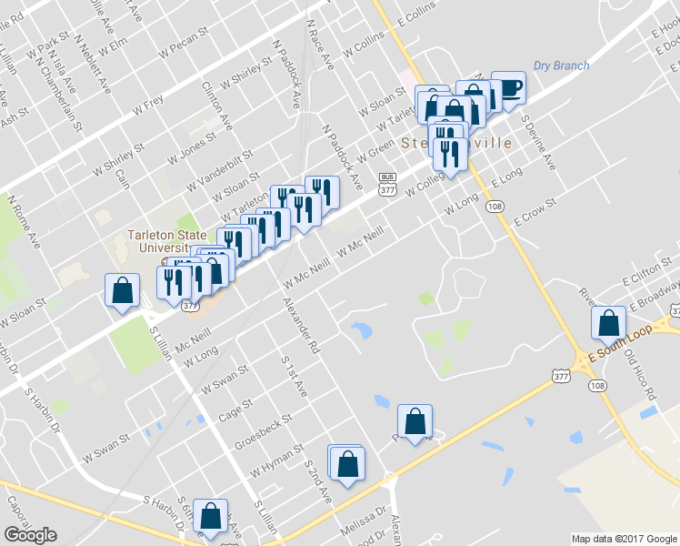 map of restaurants, bars, coffee shops, grocery stores, and more near 378 South Baxter Avenue in Stephenville