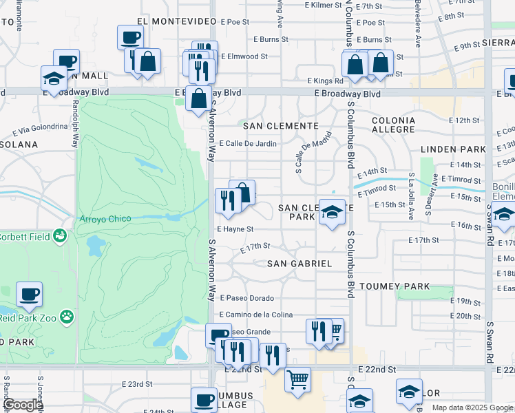map of restaurants, bars, coffee shops, grocery stores, and more near 3900 East Timrod Street in Tucson