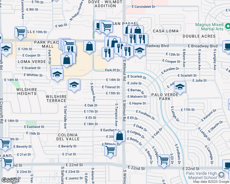 map of restaurants, bars, coffee shops, grocery stores, and more near 6241 East 15th Street in Tucson