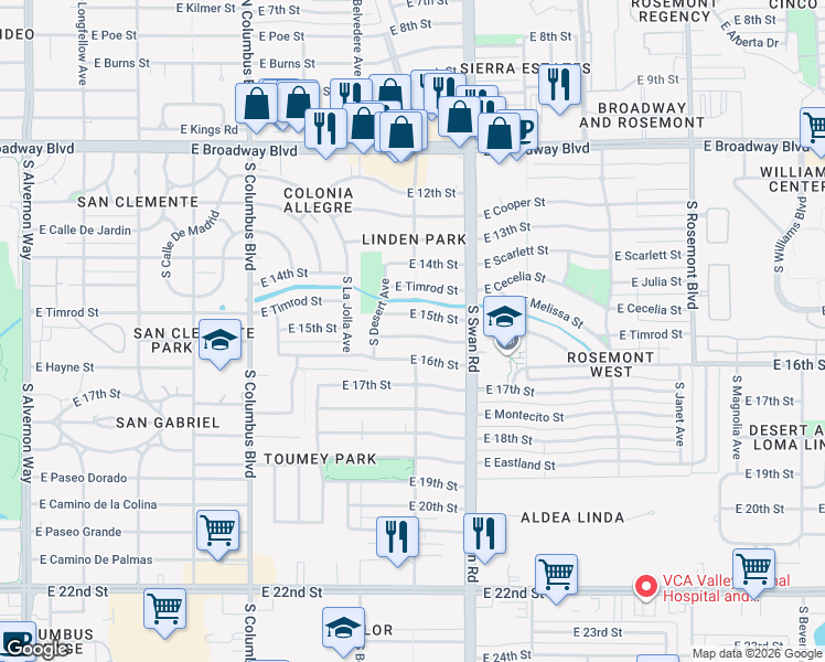 map of restaurants, bars, coffee shops, grocery stores, and more near 4547 East Malvern Street in Tucson