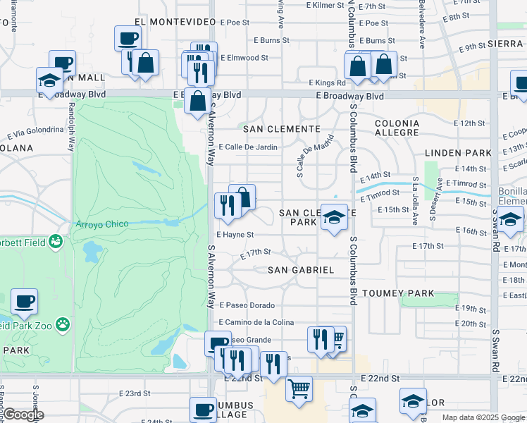 map of restaurants, bars, coffee shops, grocery stores, and more near 3900 East Timrod Street in Tucson