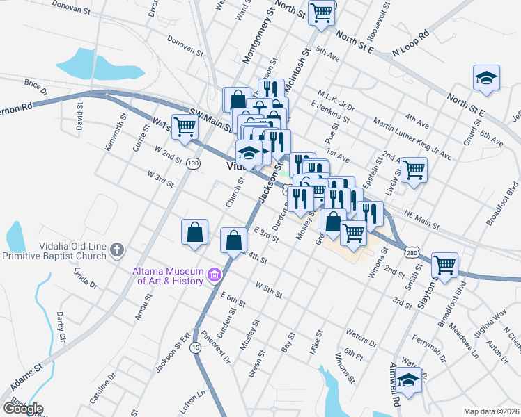 map of restaurants, bars, coffee shops, grocery stores, and more near 303 Jackson Street in Vidalia