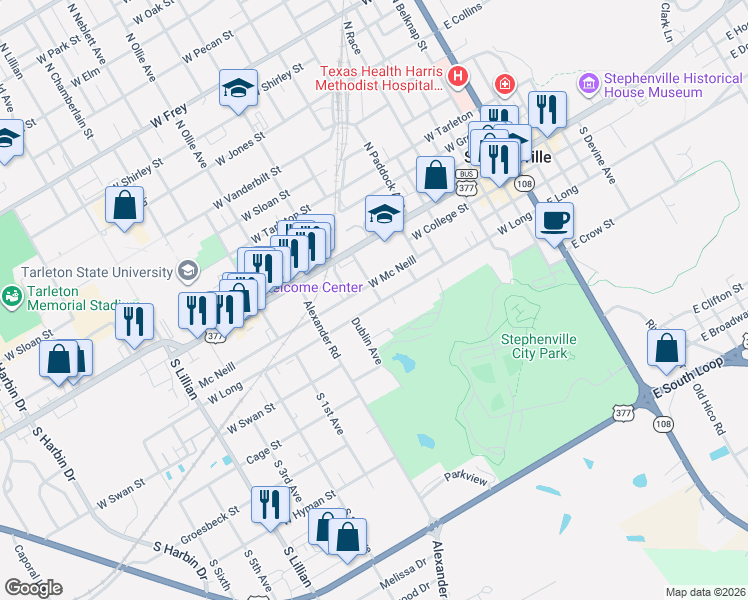 map of restaurants, bars, coffee shops, grocery stores, and more near 378 South Baxter Avenue in Stephenville