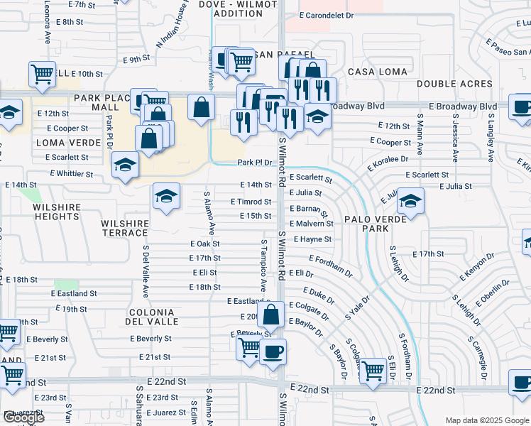 map of restaurants, bars, coffee shops, grocery stores, and more near 6241 East 15th Street in Tucson