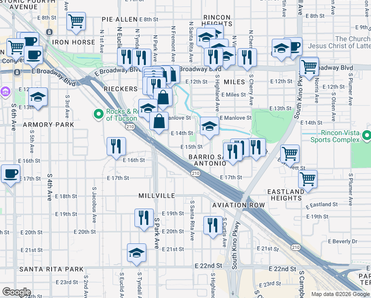 map of restaurants, bars, coffee shops, grocery stores, and more near 605 South Star Avenue in Tucson