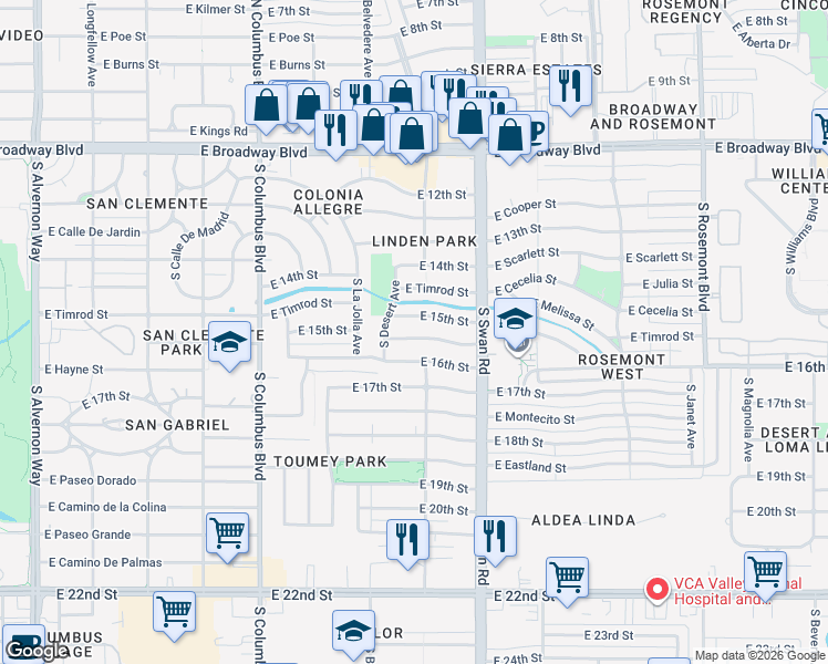 map of restaurants, bars, coffee shops, grocery stores, and more near 4547 East Malvern Street in Tucson