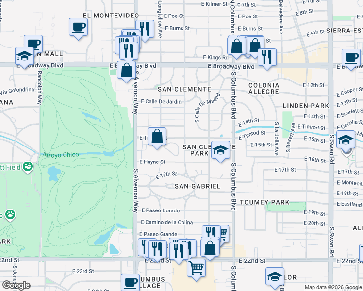 map of restaurants, bars, coffee shops, grocery stores, and more near 3940 East Timrod Street in Tucson