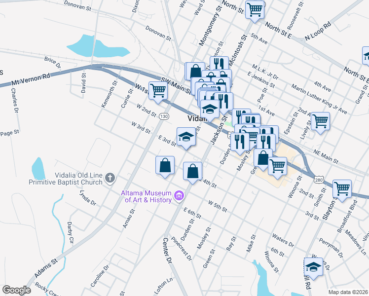 map of restaurants, bars, coffee shops, grocery stores, and more near 311 Church Street in Vidalia