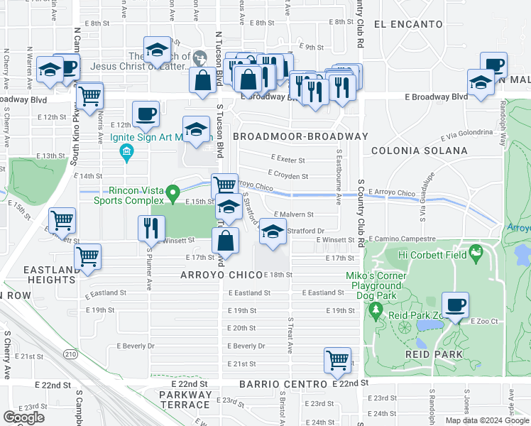 map of restaurants, bars, coffee shops, grocery stores, and more near 2634 East Malvern Street in Tucson