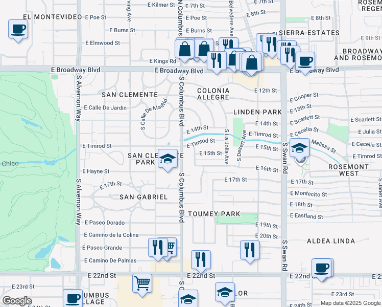 map of restaurants, bars, coffee shops, grocery stores, and more near 3511 East 15th Street in Tucson