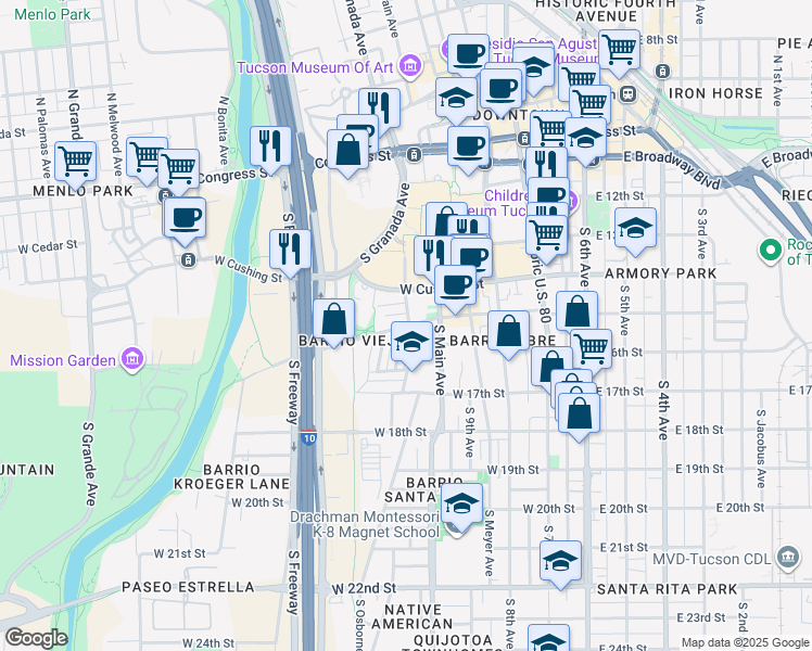 map of restaurants, bars, coffee shops, grocery stores, and more near 445 West Simpson Street in Tucson