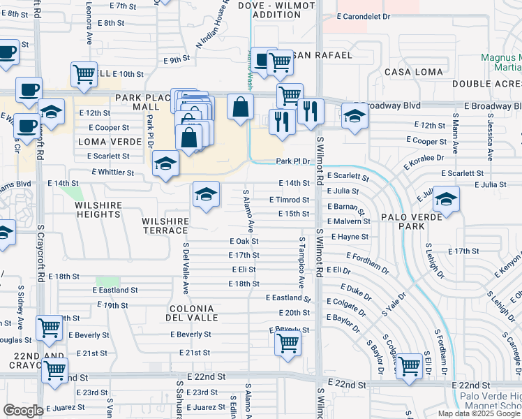 map of restaurants, bars, coffee shops, grocery stores, and more near 6063 East 15th Street in Tucson