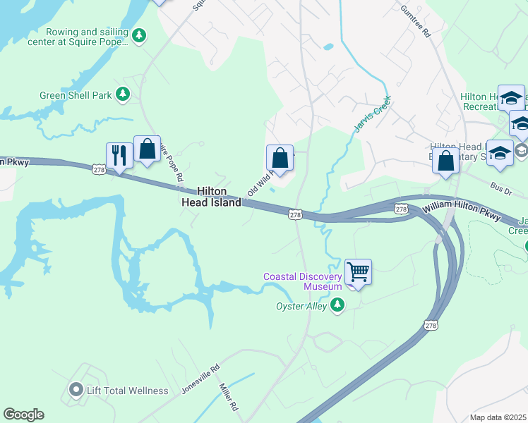 map of restaurants, bars, coffee shops, grocery stores, and more near 160 William Hilton Parkway in Hilton Head Island
