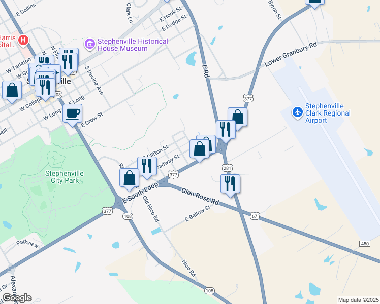 map of restaurants, bars, coffee shops, grocery stores, and more near 606 East Broadway Street in Stephenville