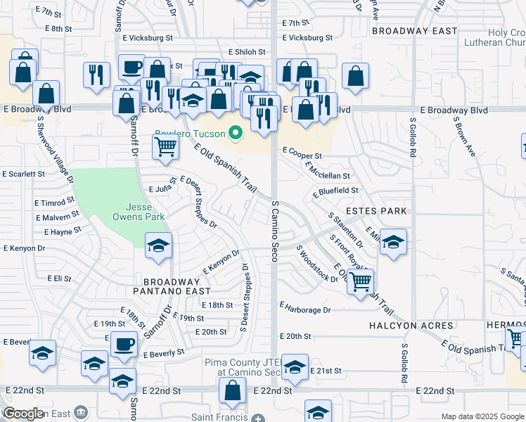 map of restaurants, bars, coffee shops, grocery stores, and more near 450 South Camino Seco in Tucson