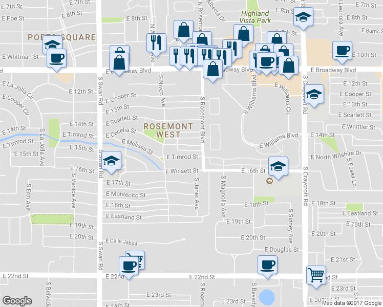 map of restaurants, bars, coffee shops, grocery stores, and more near 5035 E Timrod St in Tucson
