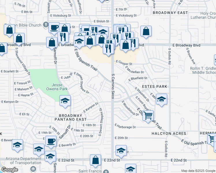 map of restaurants, bars, coffee shops, grocery stores, and more near 450 South Camino Seco in Tucson