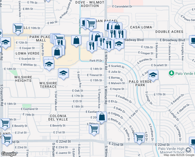 map of restaurants, bars, coffee shops, grocery stores, and more near 6241 East 15th Street in Tucson
