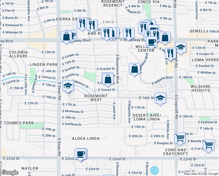 map of restaurants, bars, coffee shops, grocery stores, and more near 5035 East Timrod Street in Tucson