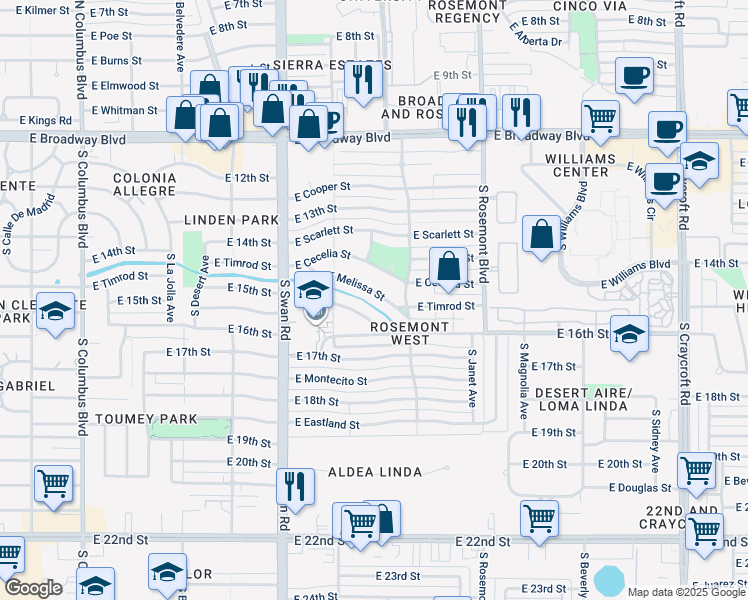 map of restaurants, bars, coffee shops, grocery stores, and more near 4829 East Paseo Luisa in Tucson