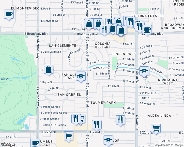 map of restaurants, bars, coffee shops, grocery stores, and more near 3511 East 15th Street in Tucson