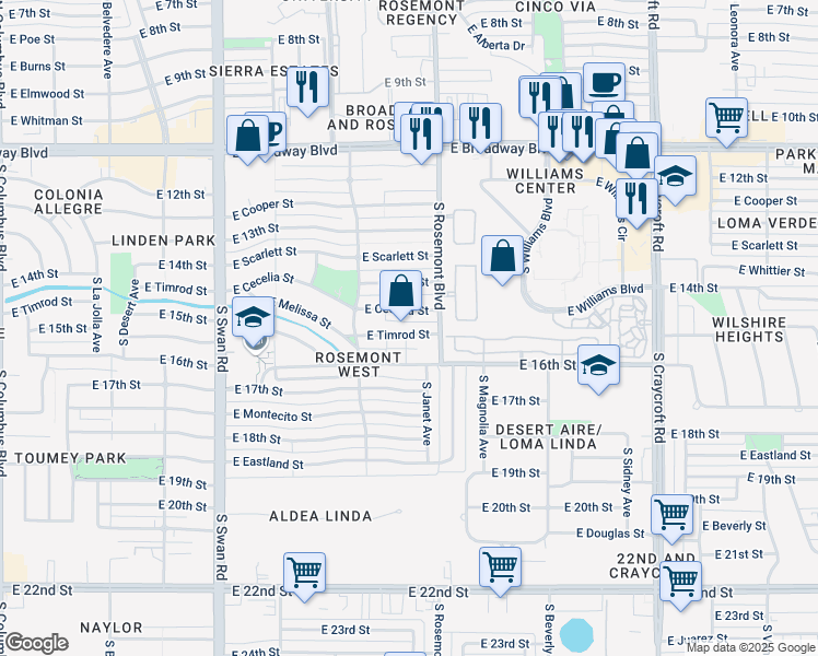 map of restaurants, bars, coffee shops, grocery stores, and more near 5035 East Timrod Street in Tucson