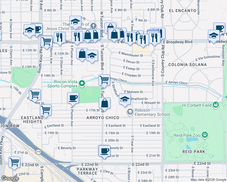 map of restaurants, bars, coffee shops, grocery stores, and more near 442 South Stratford Drive in Tucson