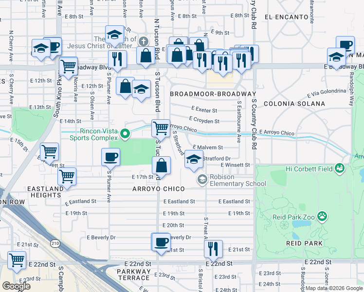 map of restaurants, bars, coffee shops, grocery stores, and more near 2634 East Malvern Street in Tucson