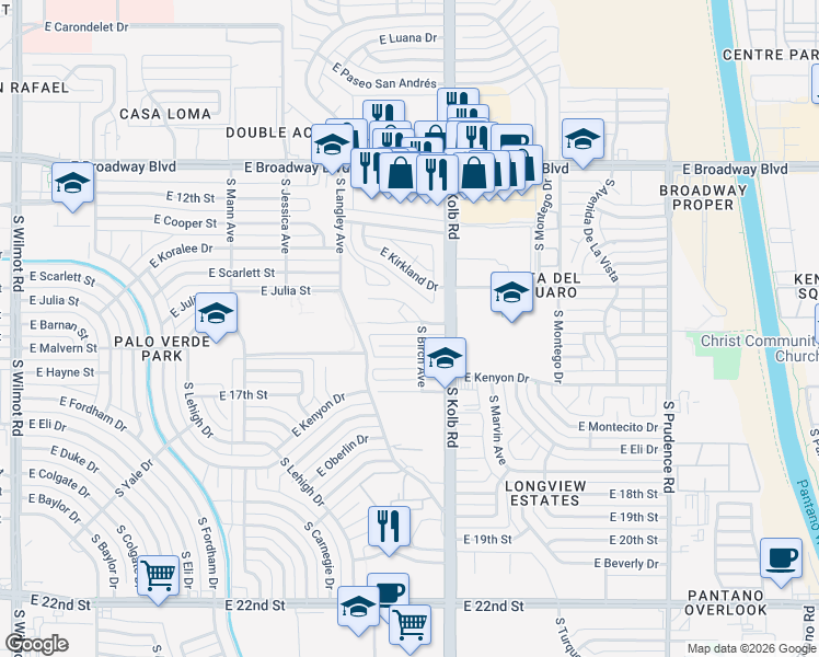 map of restaurants, bars, coffee shops, grocery stores, and more near 7018 East Timrod Street in Tucson
