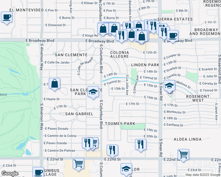 map of restaurants, bars, coffee shops, grocery stores, and more near 3511 East 15th Street in Tucson
