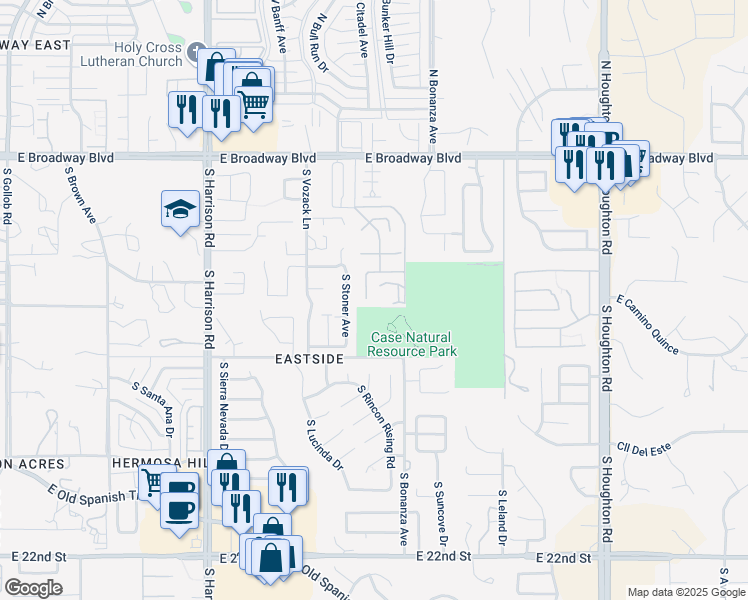 map of restaurants, bars, coffee shops, grocery stores, and more near 421 South Marango Lane in Tucson