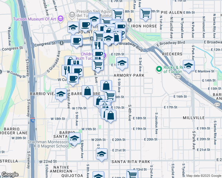 map of restaurants, bars, coffee shops, grocery stores, and more near 514 South 6th Avenue in Tucson