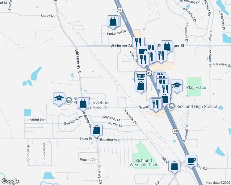 map of restaurants, bars, coffee shops, grocery stores, and more near 345 Scarbrough Cir in Richland