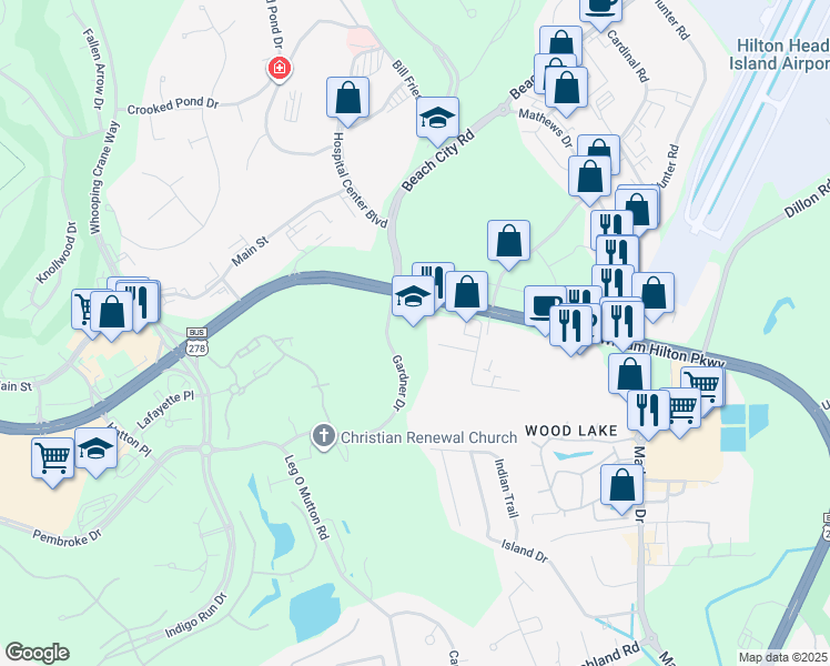 map of restaurants, bars, coffee shops, grocery stores, and more near 55 Gardner Drive in Hilton Head Island