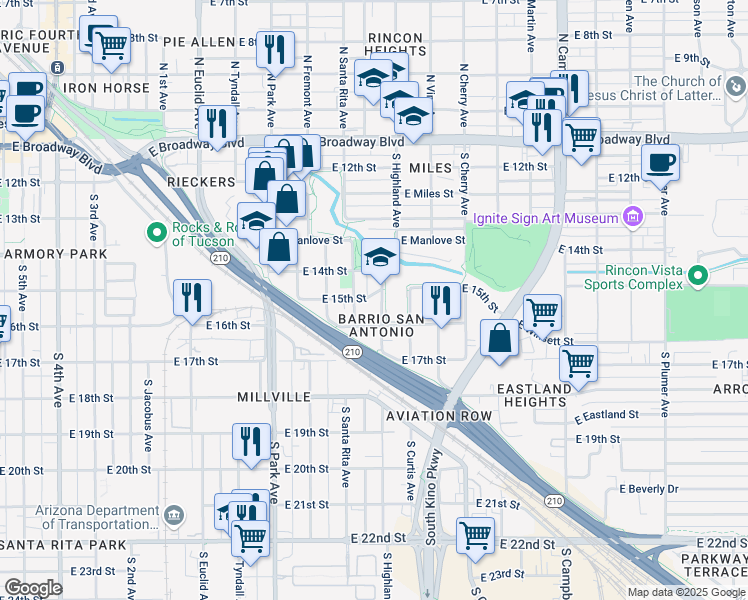 map of restaurants, bars, coffee shops, grocery stores, and more near 510 South Highland Avenue in Tucson