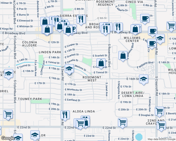 map of restaurants, bars, coffee shops, grocery stores, and more near 4875 East Melissa Street in Tucson