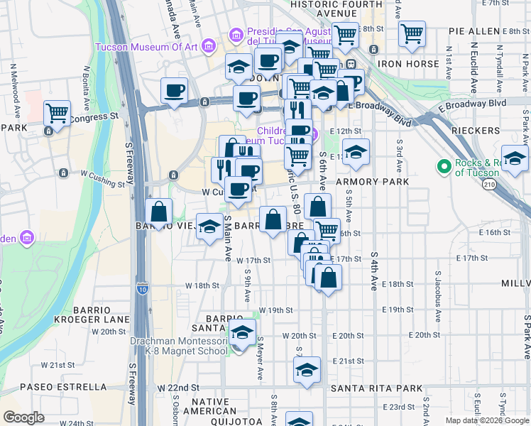 map of restaurants, bars, coffee shops, grocery stores, and more near in Tucson
